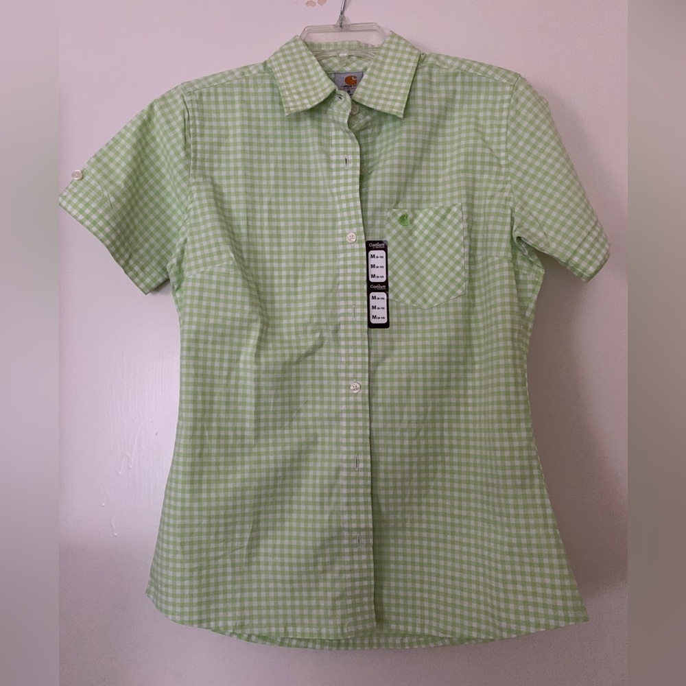 NWT ladies Carthartt short sleeve button down shirt green and white Med 8-10